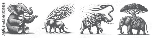 Vintage Hand-Drawn Elephant Playing Biola Collection Illustration, Musical Animal Scene Engraved Style Vector for T-Shirts and Wildlife Music Themes Design