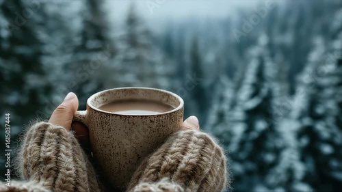 Close-up of hands in knitted mittens holding a ceramic mug with hot beverage outdoors in winter forest. Snowy trees in background. Cozy winter mood.