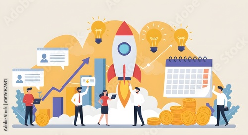 Team launches startup, boosts growth. Illustration depicts entrepreneurs, rocket, lightbulbs, chart, calendar, coins. Great for marketing, web design, editorial use.