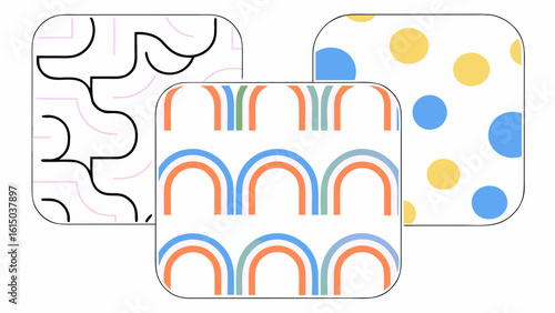 A vibrant collection of three abstract patterns featuring colorful arches, playful polka dots, and stylish lines.