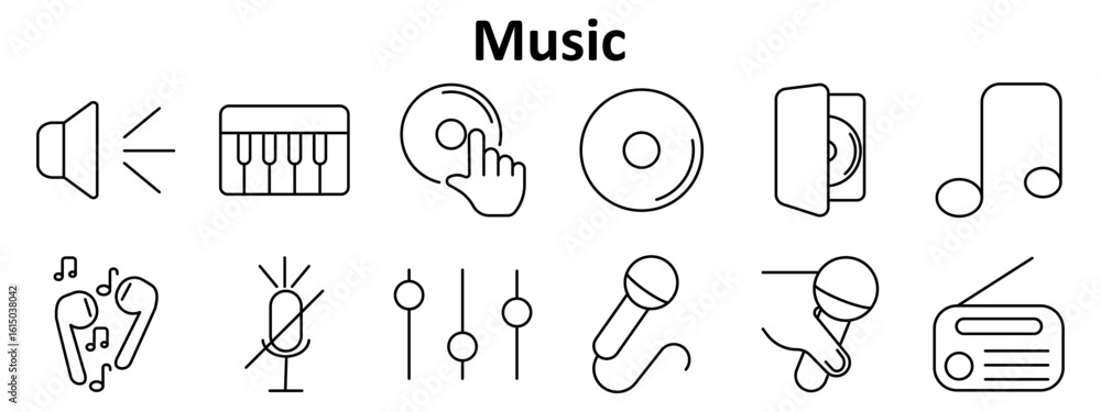 Fototapeta premium Music set icon. Includes speaker, piano keys, CD with hand, compact disc, CD in case, musical note, earphones with notes, muted microphone, sound sliders, two microphones, radio.