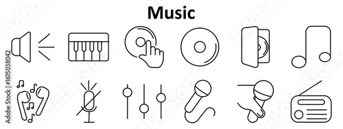 Music set icon. Includes speaker, piano keys, CD with hand, compact disc, CD in case, musical note, earphones with notes, muted microphone, sound sliders, two microphones, radio.