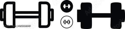 Black and white graphic representations of dumbbells and circular icons containing dumbbell silhouettes vector bundle collection set pack object template elements icons clipart illustration editable