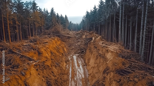 Forest clearing;  excavated trench through trees.  Damaged ecosystem, earthworks,  and debris