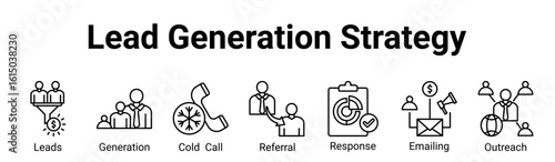 Lead Generation Strategy Icon Banner and Collection. Containing: leads, email marketing, referral, response, cold call, generation, outreach, strategy, prospect, contact