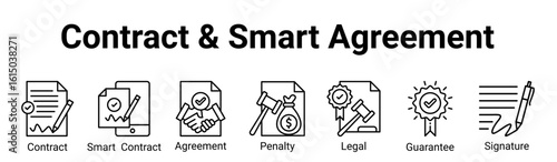 Contract & Smart Agreement  Icon Banner and Collection. Containing: contract, smart contract, agreement, legal, penalty, guarantee, terms, compliance, signature, business law