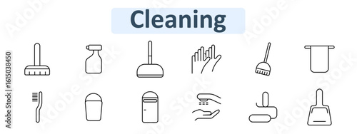 Cleaning set icon. Brush, bottle, gloves, towel, sponge, trash can, dispenser, soap, hand rub, roller, dustpan, icons for manual home cleaning and sanitation displayed