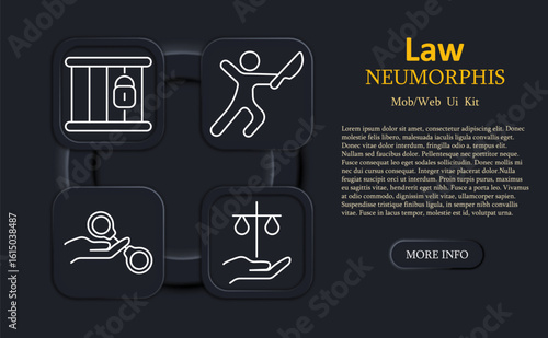 Law set icon. Jail bars with lock, attacker figure, hand with handcuffs, justice scales in outlined neumorphic style for crime, punishment, legal or justice UI