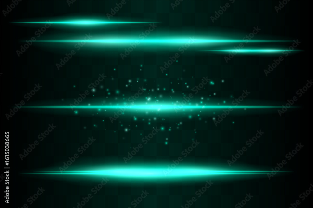 Shining set. Bright glowing beams combined with floating light particles. Central cluster highlights energy dispersion and soft motion on transparent background.