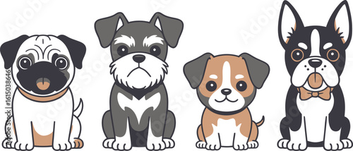 Four cute cartoon puppies of different breeds on white background