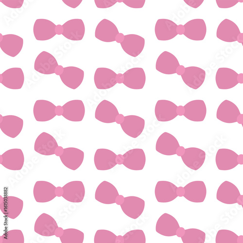 Pink bow. Chaotically scattered bows. Seamless vector pattern. Endless ornament of cute bow ties. Isolated colorless background. Idea for web design.