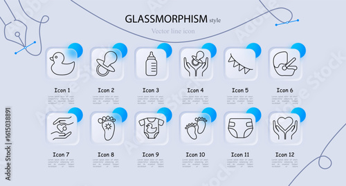 Baby care set icon. Rubber duck, pacifier, bottle, baby feeding, bunting, stroller, hand with heart, baby footprint, onesie, twin footprints, diaper, hands with heart