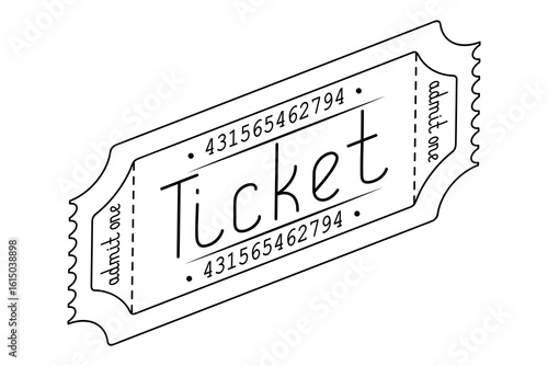 Ticket admit one. Isometry. Sketch. Handwritten lettering. Coupon left side tilted down. Vector illustration. Tear-off ticket with number. Outline on isolated white background. Doodle style. Coloring 