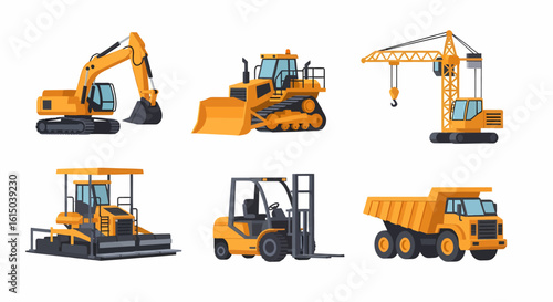 A collection of various yellow construction vehicles, each designed for different tasks.