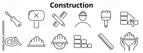 Construction set icon. Includes screwdriver, cancel sign, ruler with pencil, worker with helmet, paintbrush, wall with trowel, hammer on surface, hardhat, cogwheel helmet, ruler, helmet in hands