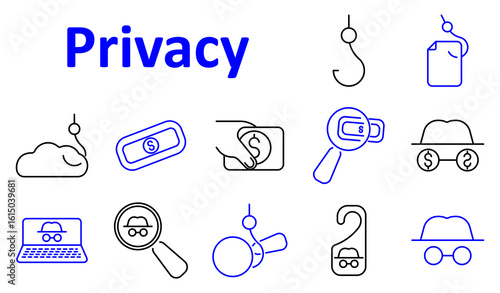 Privacy set icon. Collection of icons related to financial secrecy, surveillance, phishing, hidden identity, incognito mode, security symbols, and data theft tools