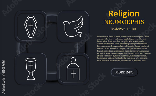Religion set icon. Coffin with cross, flying dove, goblet with cross, priest figure, minimalist white outlines, neumorphic rounded UI squares, digital spiritual theme.