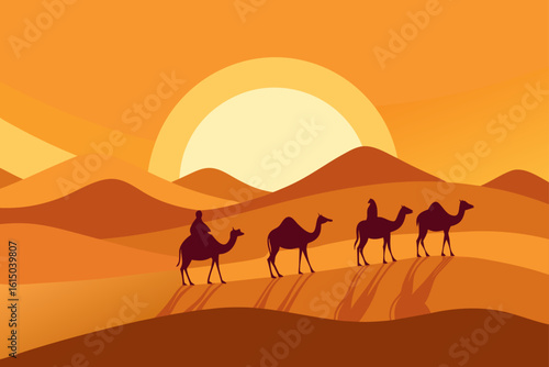 Caravan of camels walking through desert dunes at sunset