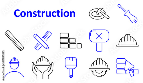 Construction set icon. Includes ruler, pencil, wall bricks, hammer, screwdriver, barrier, hard hat, worker, paintbrush, gear helmet, trowel, hands holding helmet