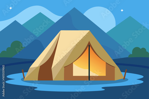 Tent flooded in water under mountains at night