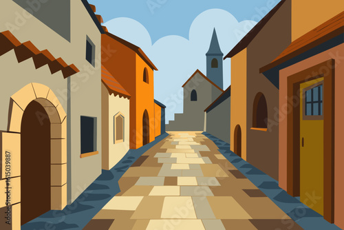 Charming european street scene with paved road and buildings