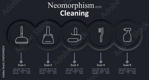 Cleaning set icon. Plunger, dustpan, floor vacuum, scrubbing brush, spray bottle outlined in soft neomorphism design for home hygiene visuals