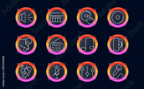 Music production set icon. Displays speaker, piano, disc, radio, microphone, equalizer, mute, headset, music note, playback, turntable, and performance-related items.