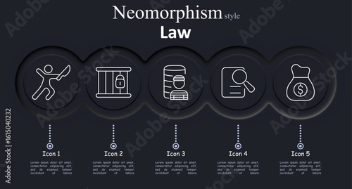 Law set icon. Person with weapon, prison bars, inmate, document with magnifier, money bag depict criminal acts, confinement, identification, evidence review, and legal penalties