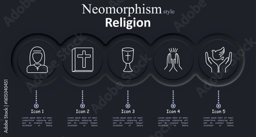 Religion set icon. Nun, holy book, chalice, praying hands, dove-in-hands visualize spiritual elements, worship practices, peace, and sacred symbols in Christian religious context