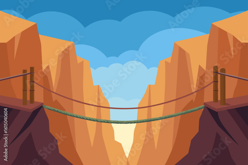 Rope bridge connecting two steep orange cliffs under a blue sky with clouds