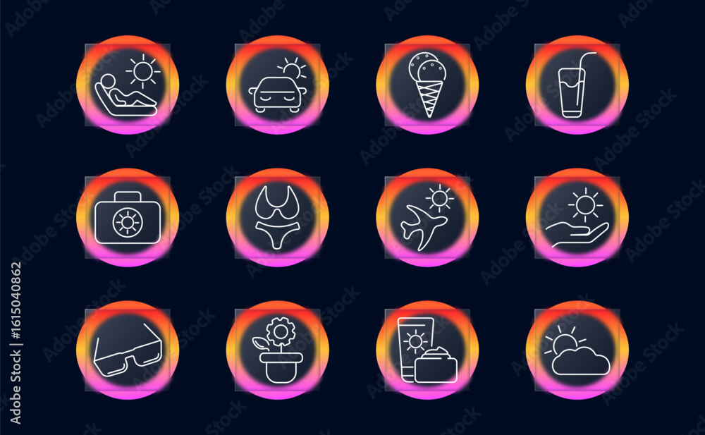 Naklejka premium Summer and vacation set icon. Includes sun lounger, ice cream, drink, swimsuit, airplane, sunglasses, lotion, plant, bag, car, cloud, and sunshine-themed objects.