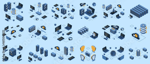 Set of isometric modern technology concept for cloud computing, datacenter, database, artificial intelligence, and blockchain technology. Isometric technology