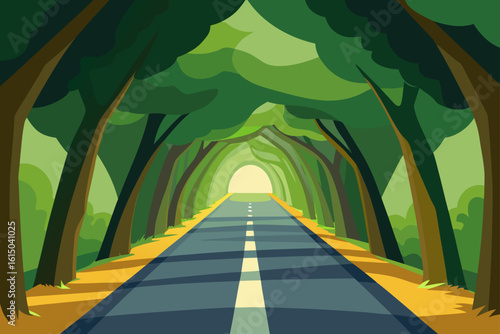 Scenic asphalt road with trees forming a green tunnel towards bright light