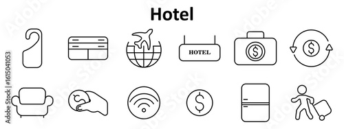 Hotel set icon. Includes door hanger, credit card, globe with airplane, hotel signboard, suitcase, currency exchange, armchair, towel, wifi signal, dollar coin, fridge, traveler