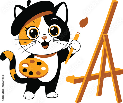 Cartoon cat artist with beret and palette painting