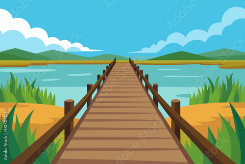 Wooden pier extending into a calm lake with green hills and blue sky