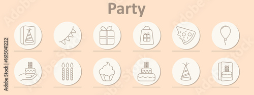 Party set icon. Party card, bunting, gift box, gift bag, pizza slice, balloon, birthday cake, candles, cupcake, party hat, greeting card shown