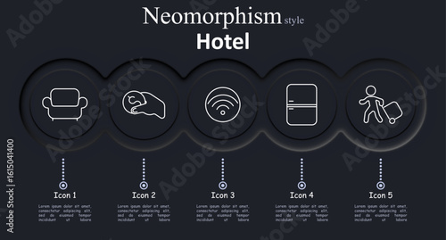 Hotel set icon. Sofa armchair, hand with key, wireless signal, refrigerator outline, person pulling suitcase shown in modern neomorphism style layout