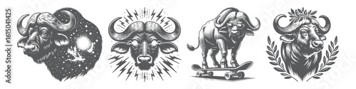 Vintage Hand-Drawn Buffalo Playing Skateboard Collection Illustration, Wild Animal Engraved Style Vector for T-Shirts and Extreme Sports Themes Design
