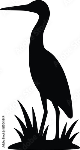Silhouette heron stands tall in grass vector illustrator