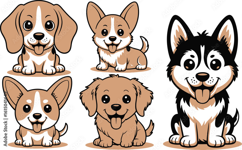 Fototapeta premium Group of five cute cartoon puppies dogs illustration