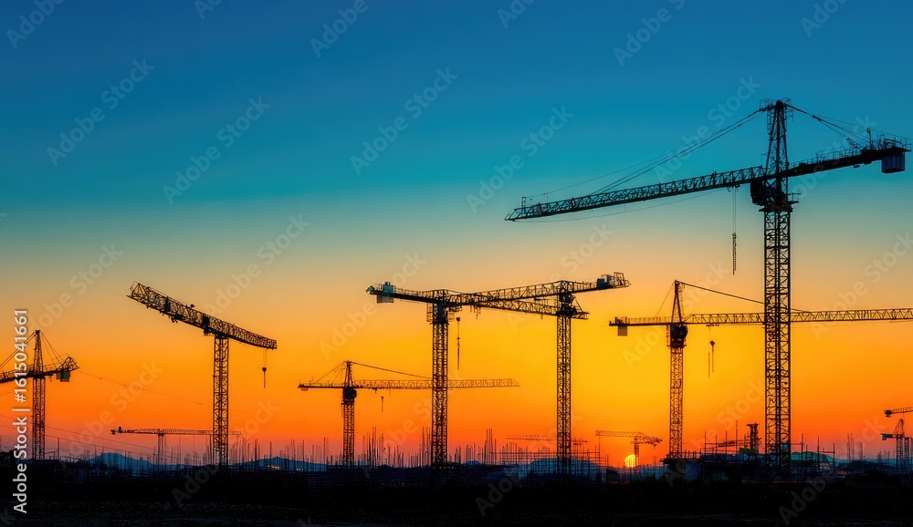 Silhouetted construction cranes at sunset Silhouetted construction cranes at sunset