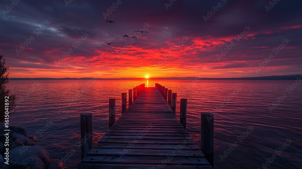 Fototapeta premium Fiery sunset pier tranquil waters