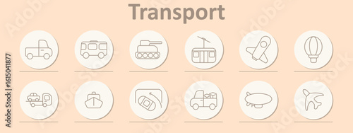 Transport set icon. Pickup, bus, tank, rocket, cable car, plane, balloon, luggage, trailer, airship, and delivery truck icons drawn with clean lines and minimal transport styling