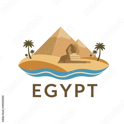 Flat vector of Egypt with Sphinx, pyramids, sea and palm trees. Ancient desert travel destination
