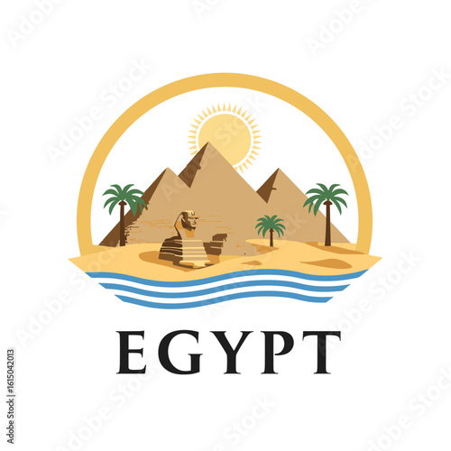 Vector of Egypt with pyramids, Sphinx, sun and wavy sea. Ancient landmark and summer travel concept.