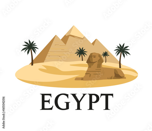 Flat vector of Egypt with Sphinx, pyramids and palm trees in the desert. Historical and iconic destination