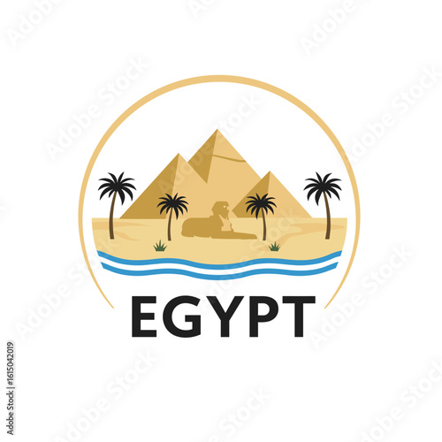 Vector illustration of Egypt with pyramids, Sphinx, palm trees and river. Ancient civilization and desert scenery