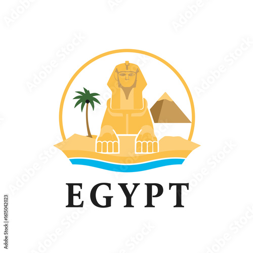 Flat vector of Egypt with large Sphinx, pyramid, sea and palm tree in circle. Ancient civilization and travel