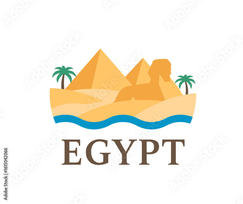Flat vector of Egypt with pyramids, Sphinx, sea and palm trees. Ancient civilization and travel concept